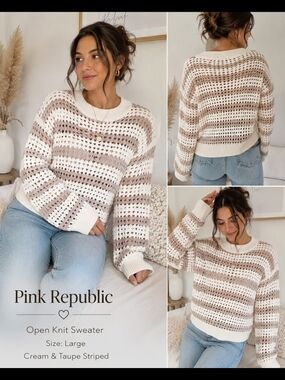 Pink Republic Open Knit Striped Sweater | Cream & Taupe | Size Large | Boho Cozy